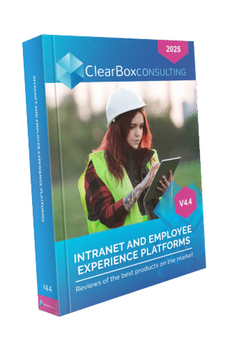 3D book cover of the ClearBox Consulting ‘Intranet and Employee Experience Platforms Report 2025’, version 4.4, showing a woman in a hard hat and hi-vis vest using a tablet. The cover text reads: ‘Reviews of the best products on the market.