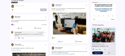 Three screenshots from the Oak intranet platform 