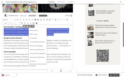 Screenshot from the Omnia intranet platform showing how the intranet content can be updated