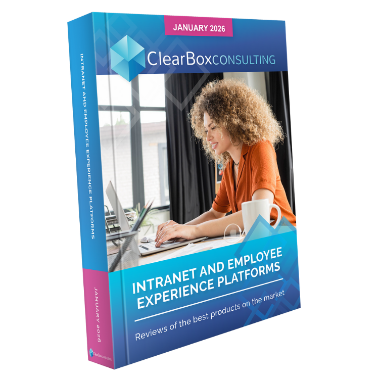 3D book cover of the ClearBox Consulting “Intranet and Employee Experience Platforms” report, January 2026 edition, showing a professional working on a laptop and highlighting independent reviews of intranet and employee experience platforms.