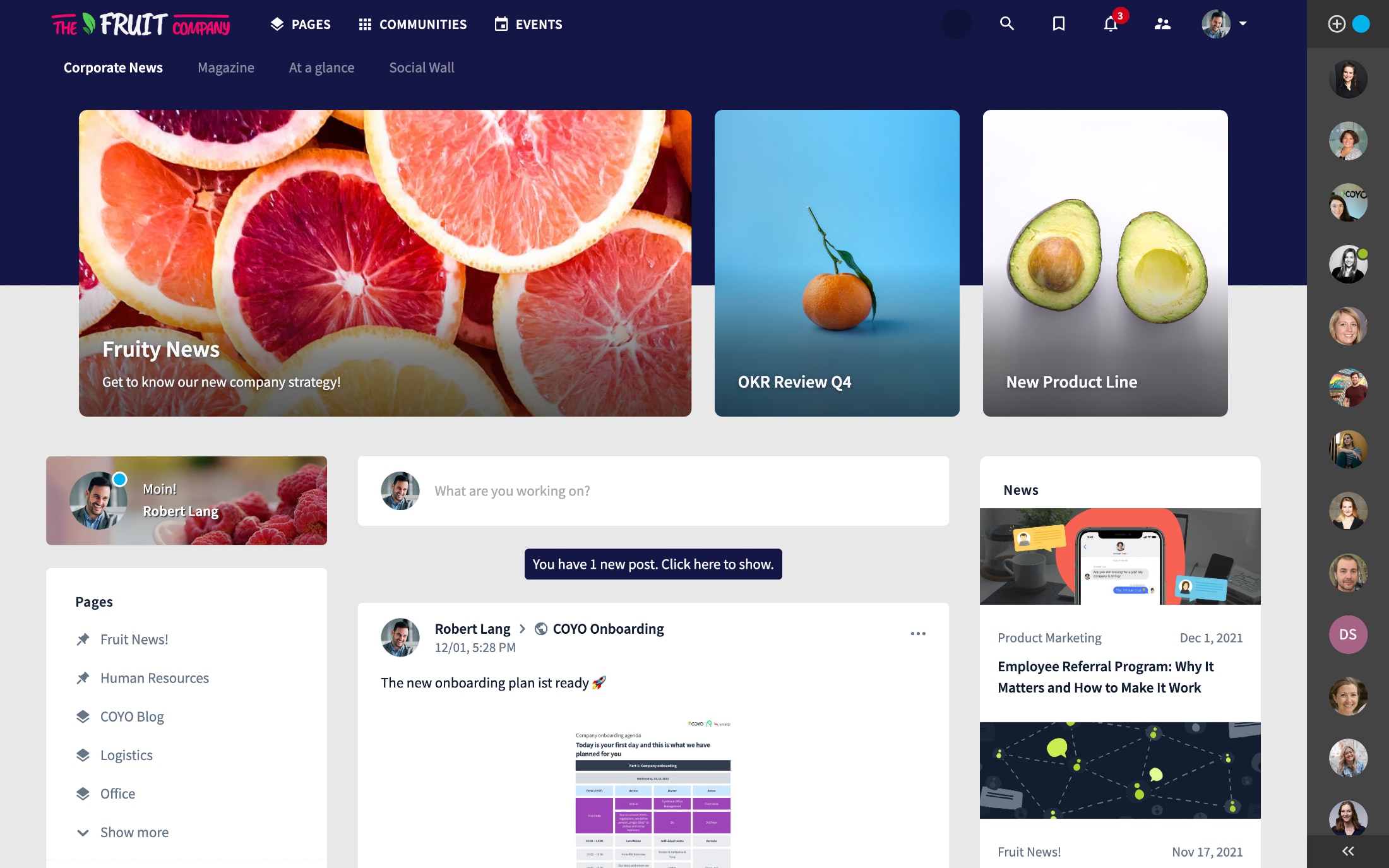 Coyo mock intranet home page. Fruit themed, three columns, lots of fruit photos with headlines over them.