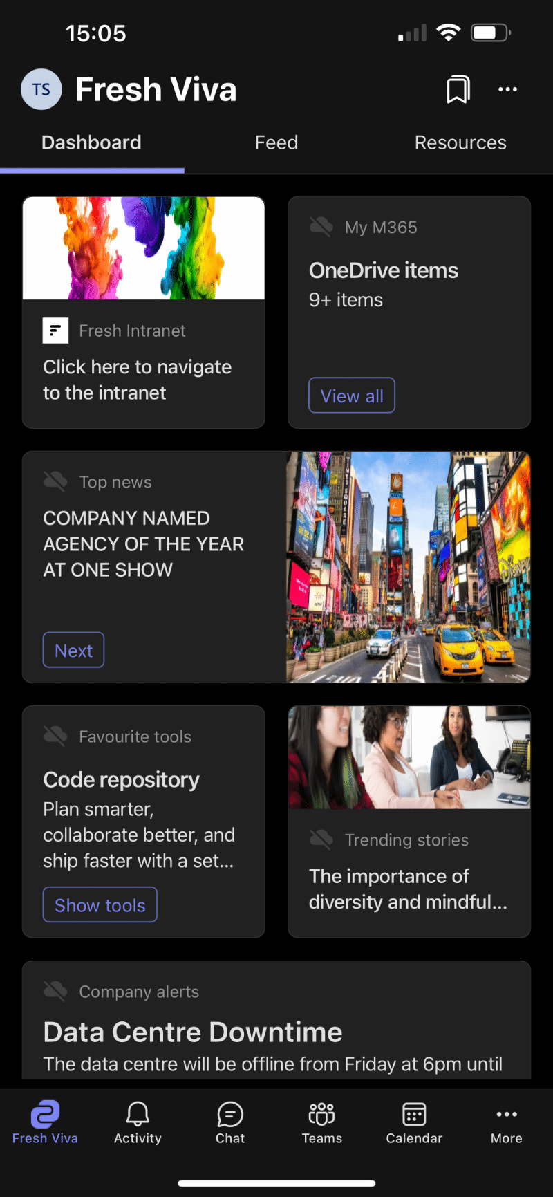 Screenshot, mobile. Six square content boxes with headlines and some images.