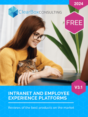 Report cover: Intranet and employee experience platforms. Reviews of the best products. Man drinking take-out drink while using laptop in a cafe or breakroom.