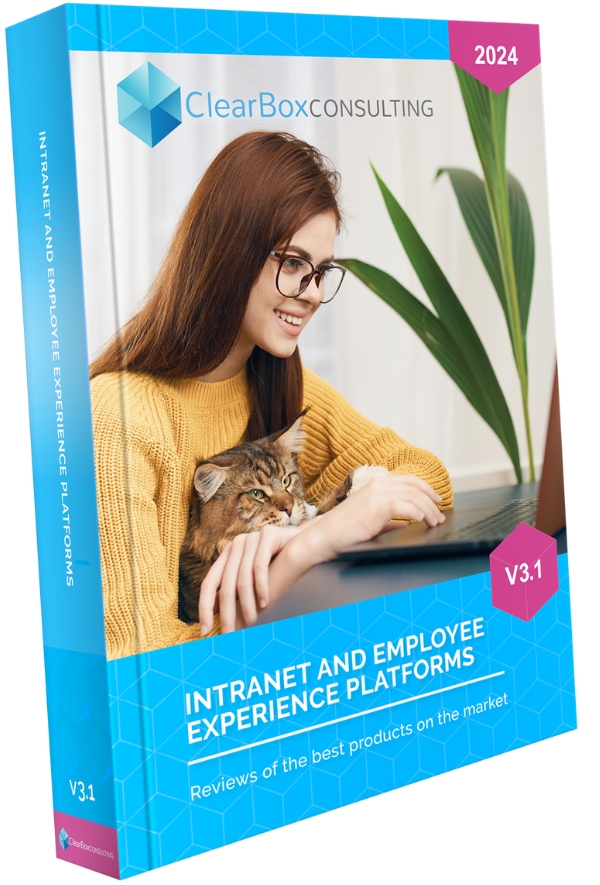 Report cover: Intranet and employee experience platforms. Reviews of the best products. Woman on couch with dog and laptop.