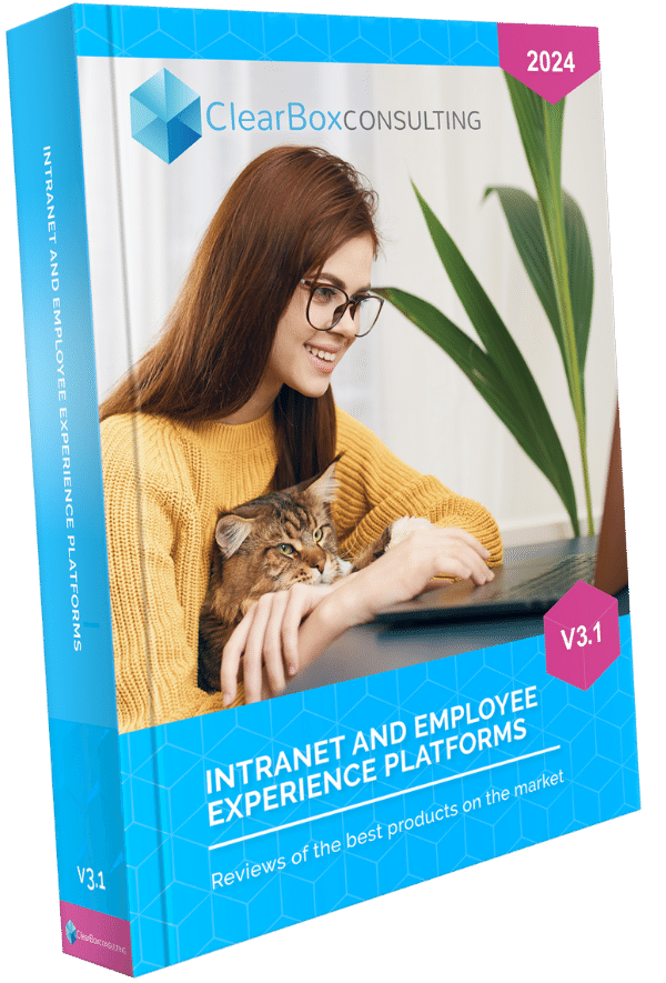Report cover: Intranet and employee experience platforms. Reviews of the best products. Woman on couch with dog and laptop.