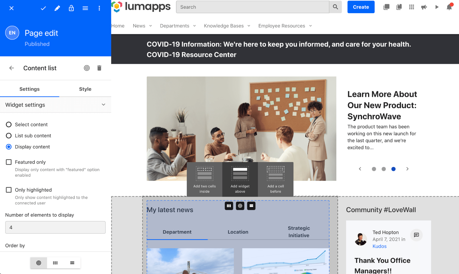 LumApps screenshot showing page building, with content widgets, and a panel of widget settings.