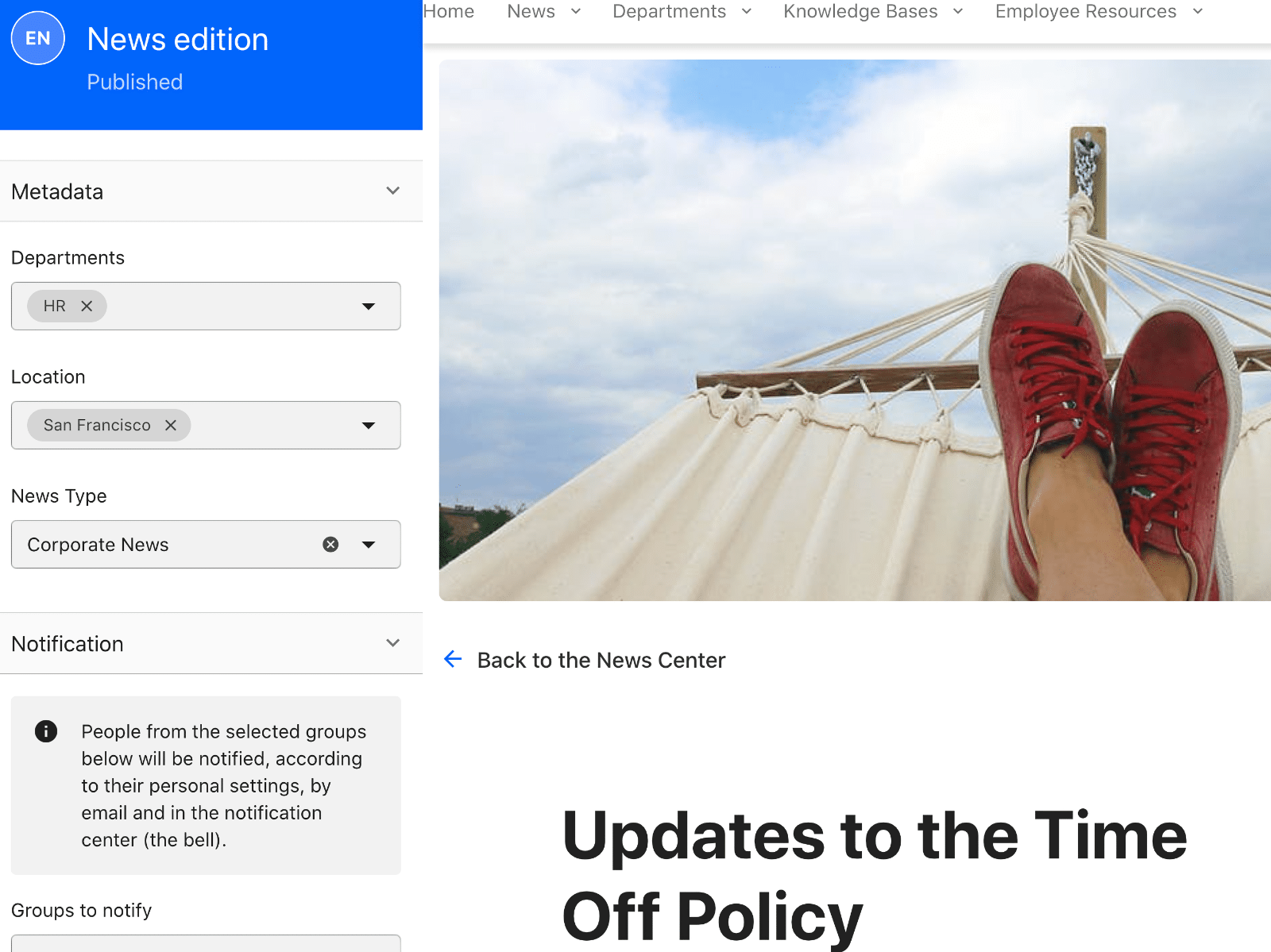 Screenshot of LumApps, showing a page amd photo, with metadata fields for departments, location, and news type. Notification option.
