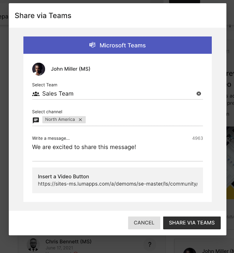 Share your message into a specific Teams team.