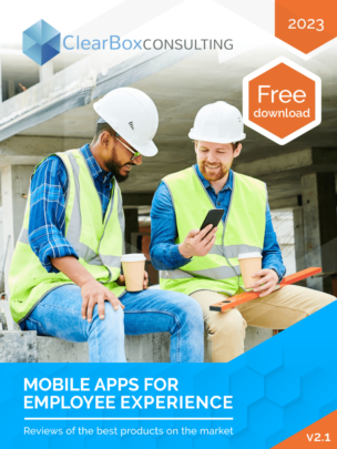 Report cover. Two men in hard hats and high-visibility vests sit with coffee on a building site, looking at a mobile phone together.