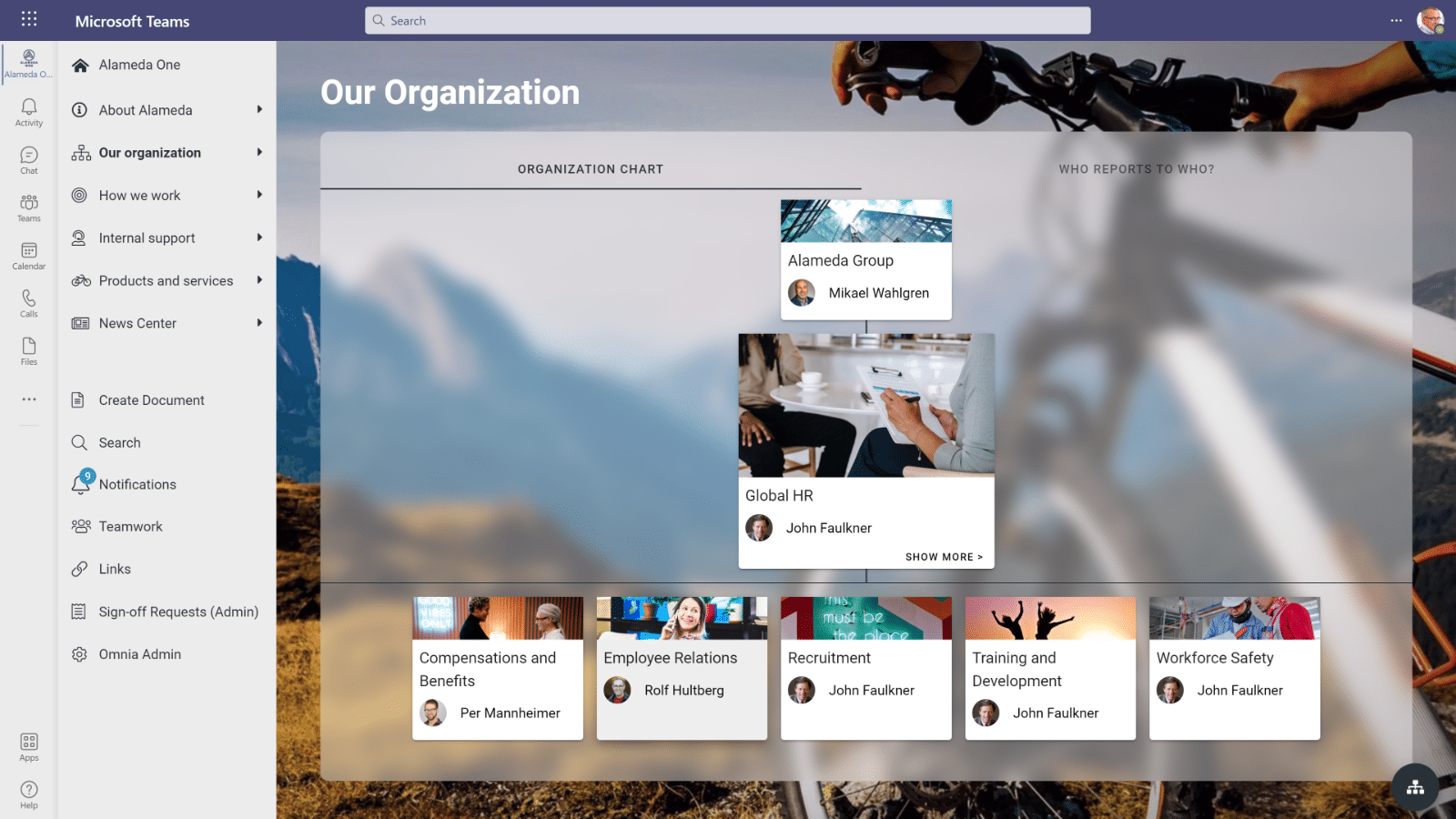 Screenshot of Omnia inside Microsoft Teams, showing three-tier org chart.