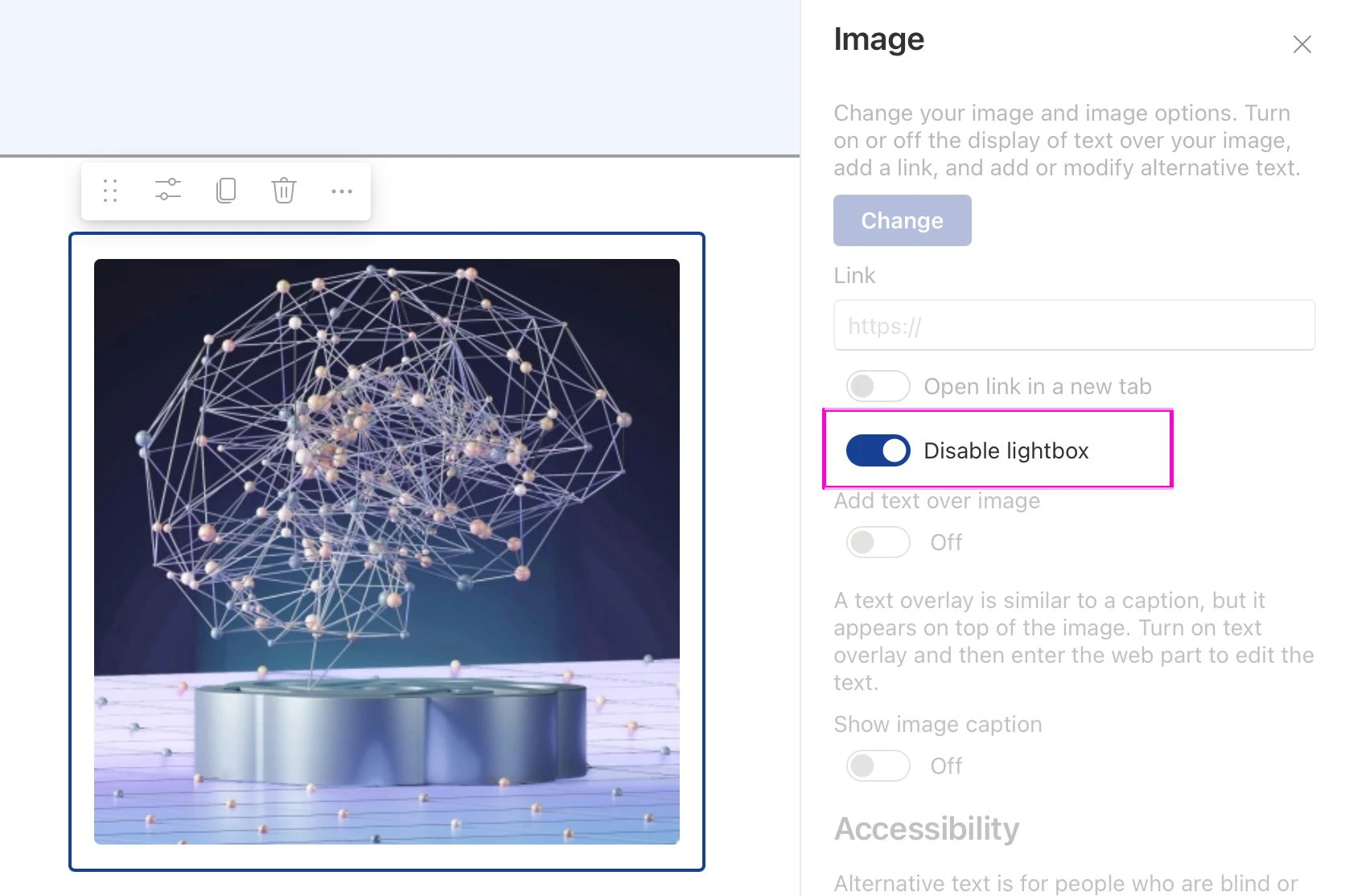 Screenshot of part of the page creation page in SharePoint Online, showing the 'Image' configuration side bar. The 'Disable lightbox' switch is on, and highlighted.