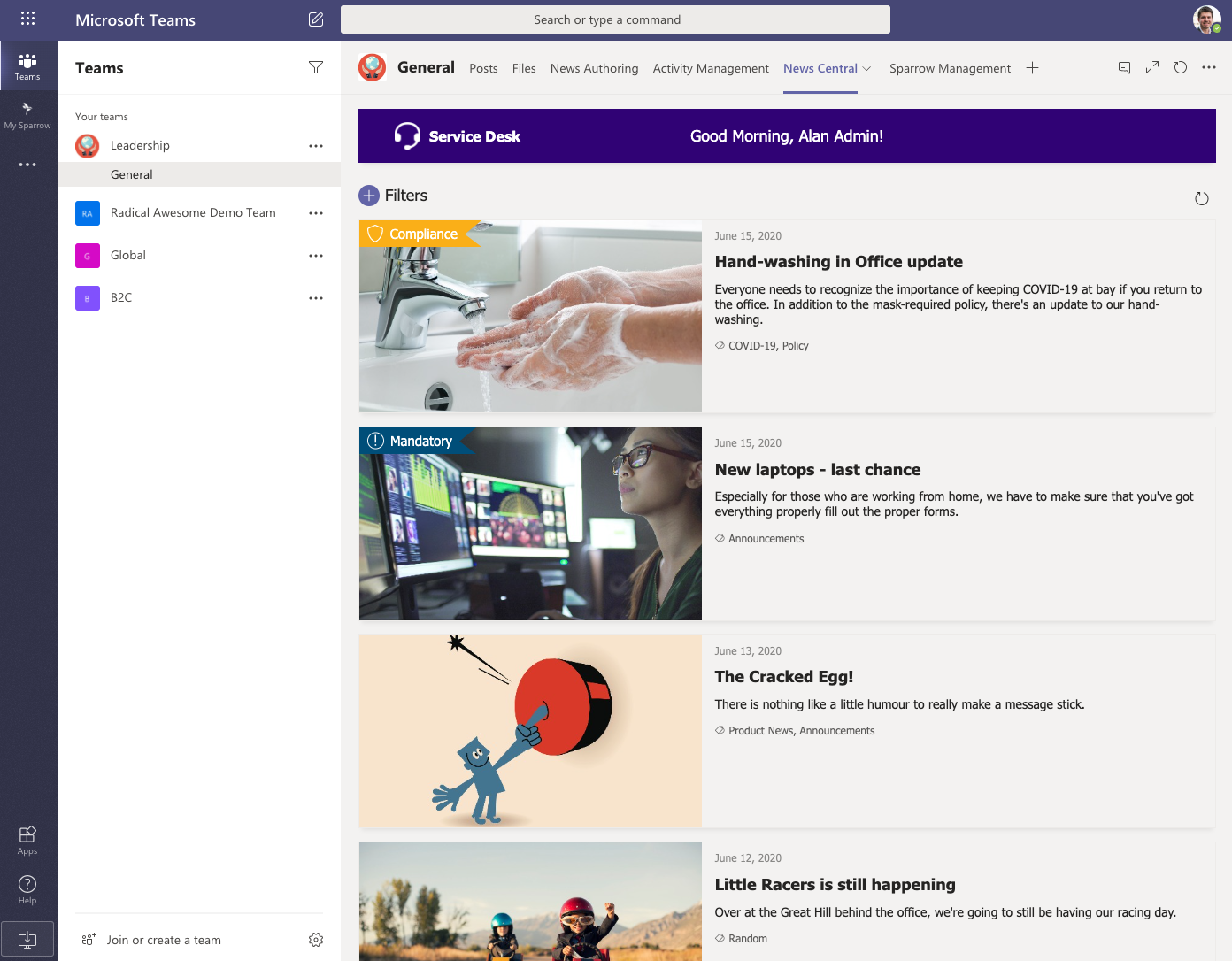 Microsoft Teams showing several stories with headlines and images.