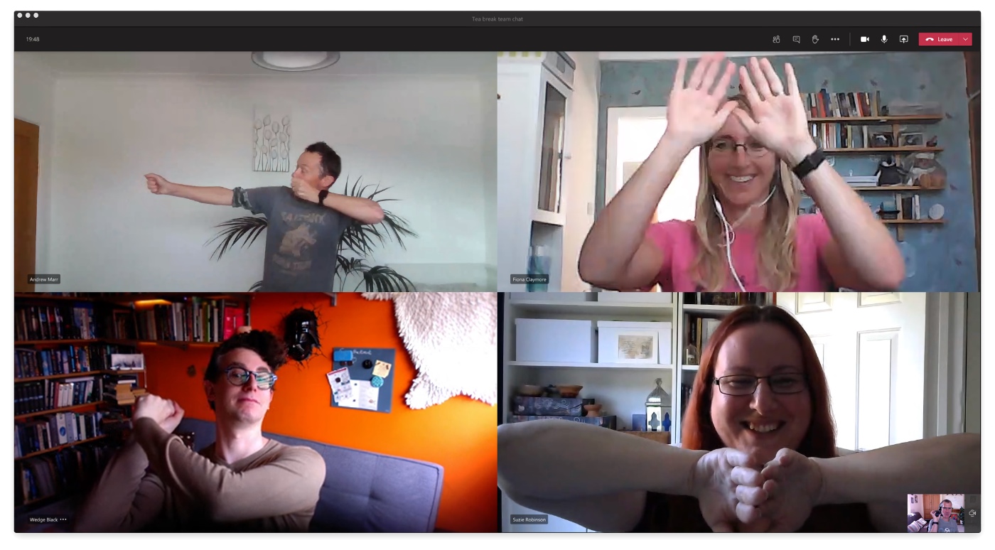 Team video meeting with four people miming a sport.